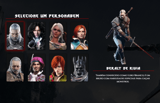 Página de seleção de personagens do game The Witcher