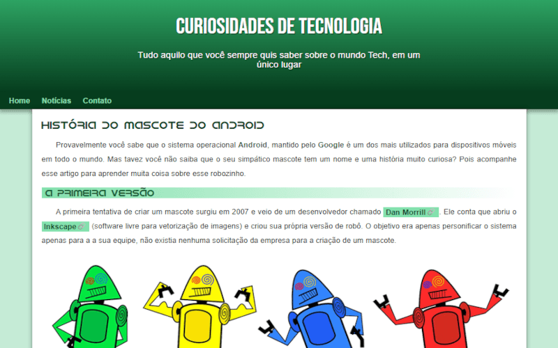 Página contando a história do mascote do android