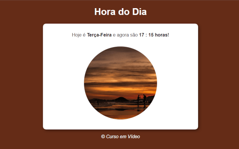 Dia e hora atual com uma imagem que altera entre manhã, tarde e noite